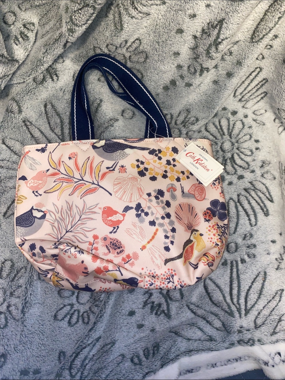 Cath Kidston Pink Floral & Bird Insulated Lunch Tote with Navy Handles